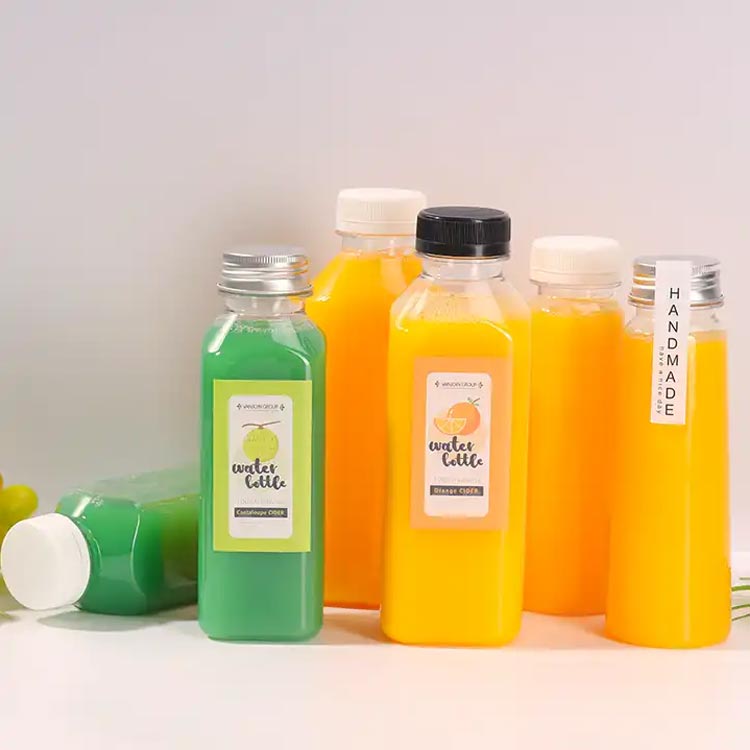 Transparent square PET 250ml plastic juice bottles wholesale with screw caps
