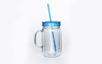 Double wall plastic mason jar drinking cups with handle