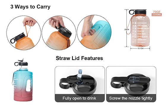 Leakproof 2.2L plastic motivational water bottle with straw for sports