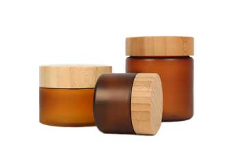 Frosted 250ml small amber plastic cream jar with bamboo lid