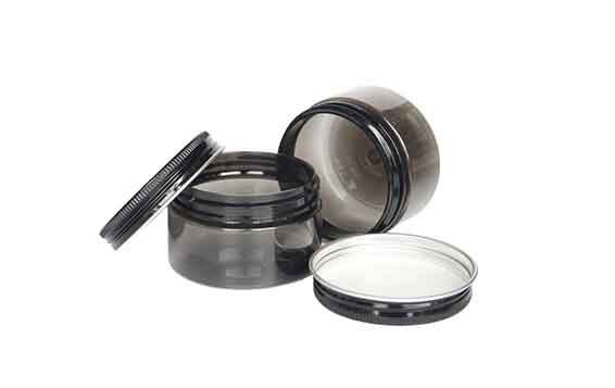 Cheap empty 100ml black plastic cosmetic jars with aluminum lids bulk