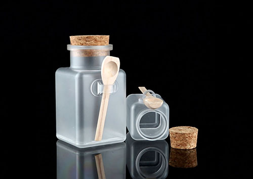 Wholesale handmade 300ml clear square frosted cosmetic bath salt jars with wooden spoon