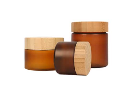 Frosted 250ml small amber plastic cream jar with bamboo lid