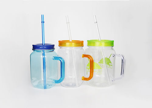 Double wall plastic mason jar drinking cups with handle