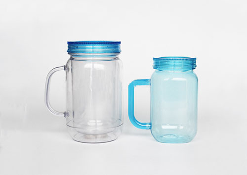 Double wall plastic mason jar drinking cups with handle