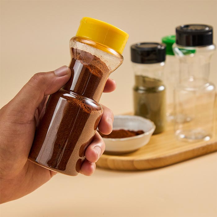 Unique design plastic spice jar, Seasoning Containers with shaker Lids, Empty Storage Spice Containers for Spice,Powders,herb